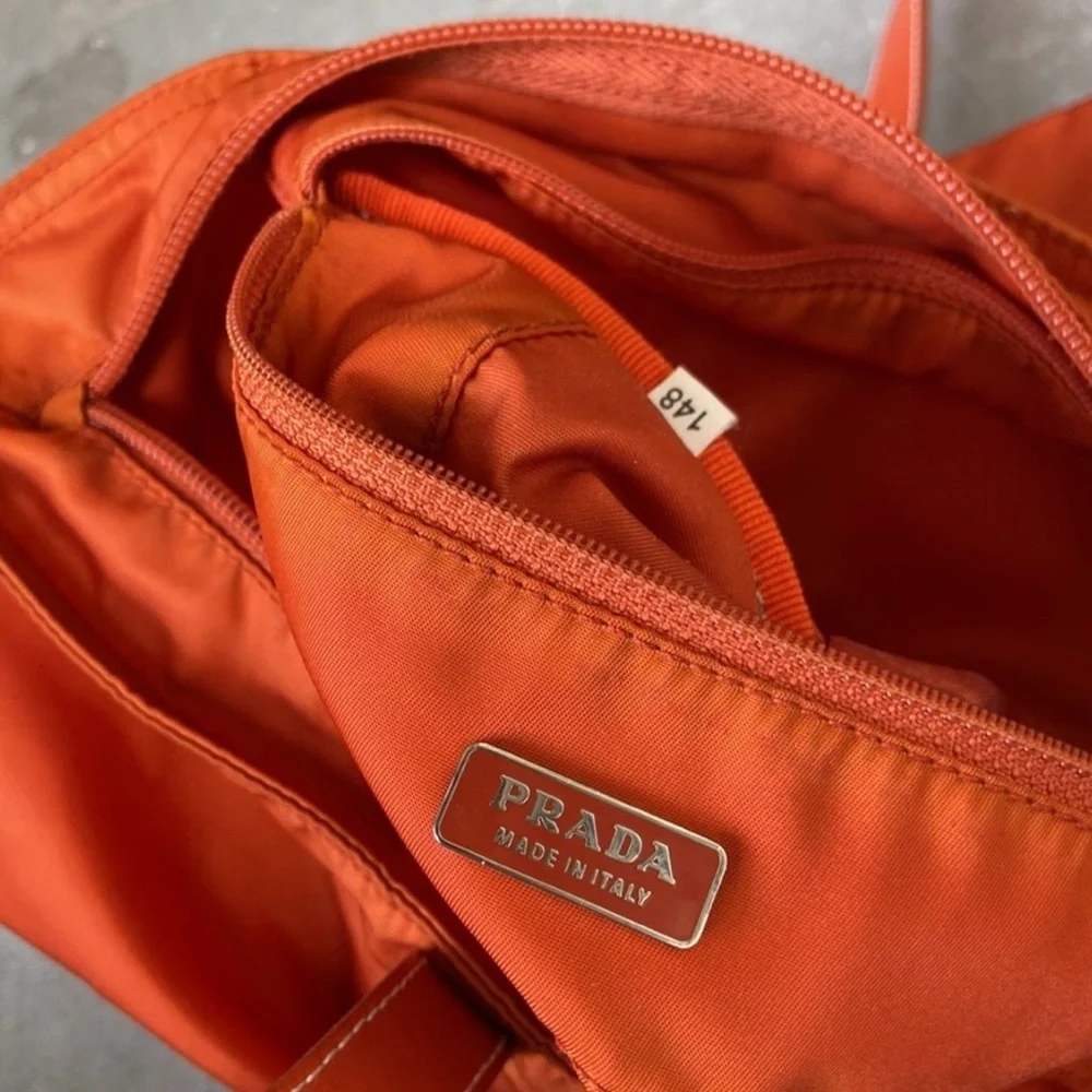 AUTHENTIC Prada Tessuto Nylon Saffiano Tote. Color: Papaya. - Picture 10 of 15